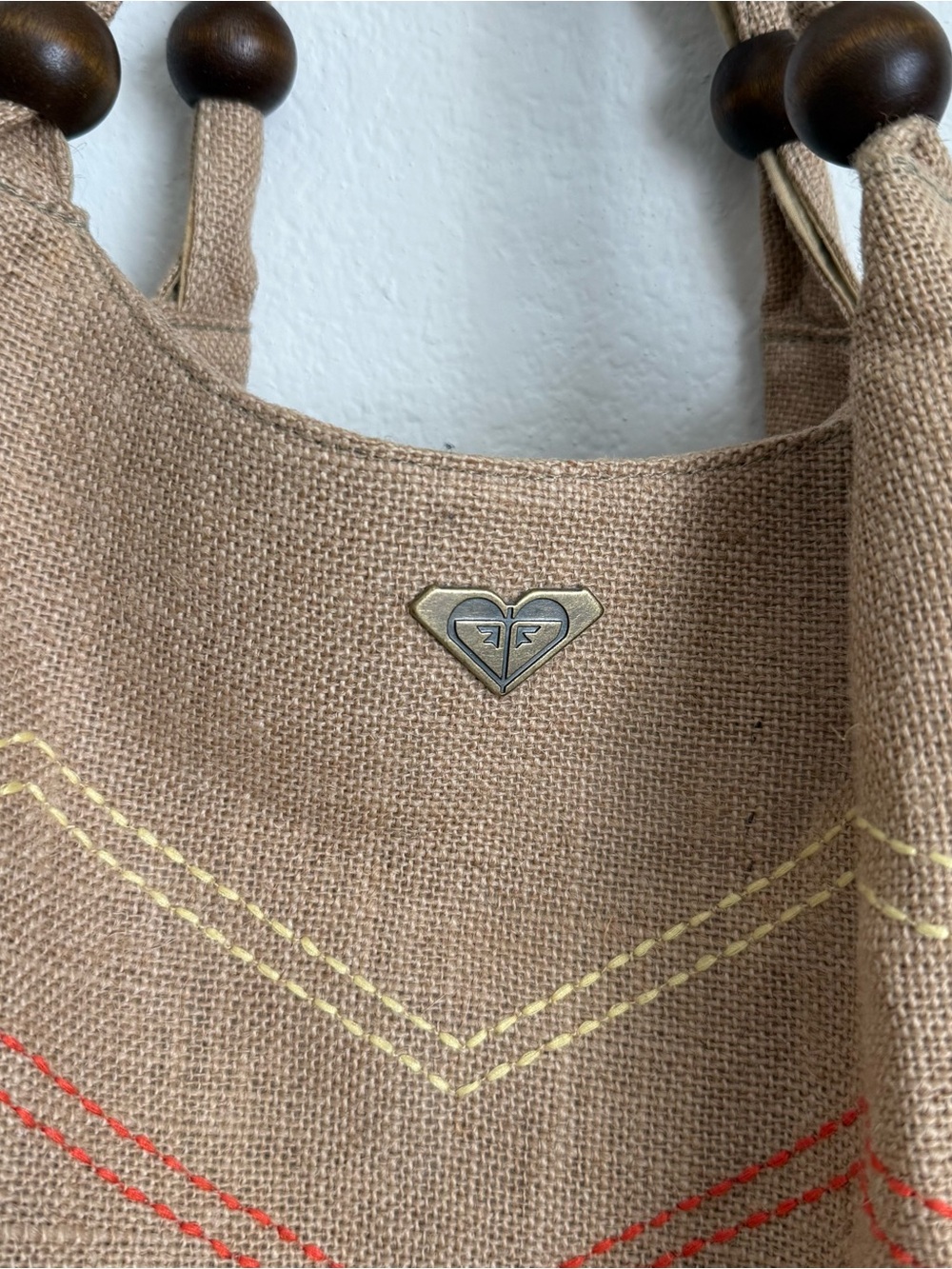 Roxy Vintage Women's Tan Chevron-Striped Rainbow Canvas Tote with Wooden Beads - Picture 2 of 7